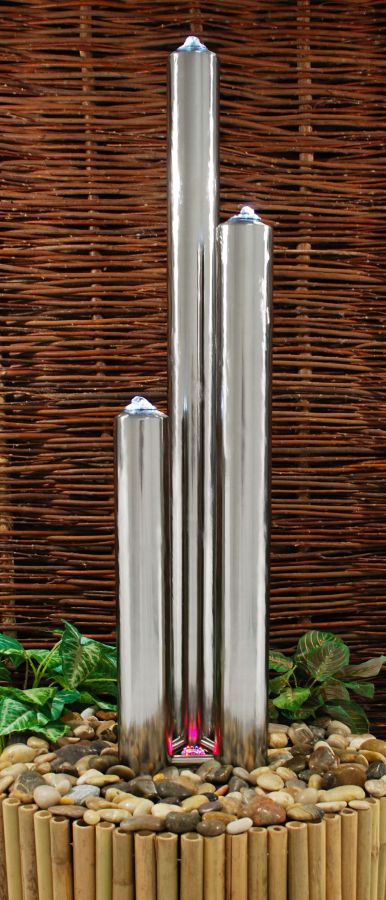 Fontaine d'Extérieur 3 Tubes Polis En Acier Inoxydable (118cm/100 cm) – Avec Lumières LED (Tubes & Base)
